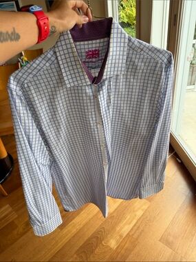 Men's Classic Blue Windowpane Dress Shirt with Contrast Trim